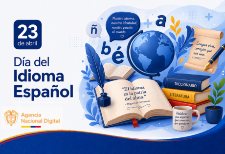 Ilustración del idioma español con libros, letras, un globo terráqueo y elementos que representan la lengua y la literatura.