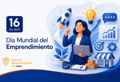 Ilustración del Día Mundial del Emprendimiento con una mujer usando un portátil y elementos que representan innovación, crecimiento y desarrollo empresarial.