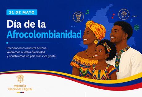 Banner del Día de la Afrocolombianidad con ilustración de una familia afrocolombiana y elementos culturales representativos.